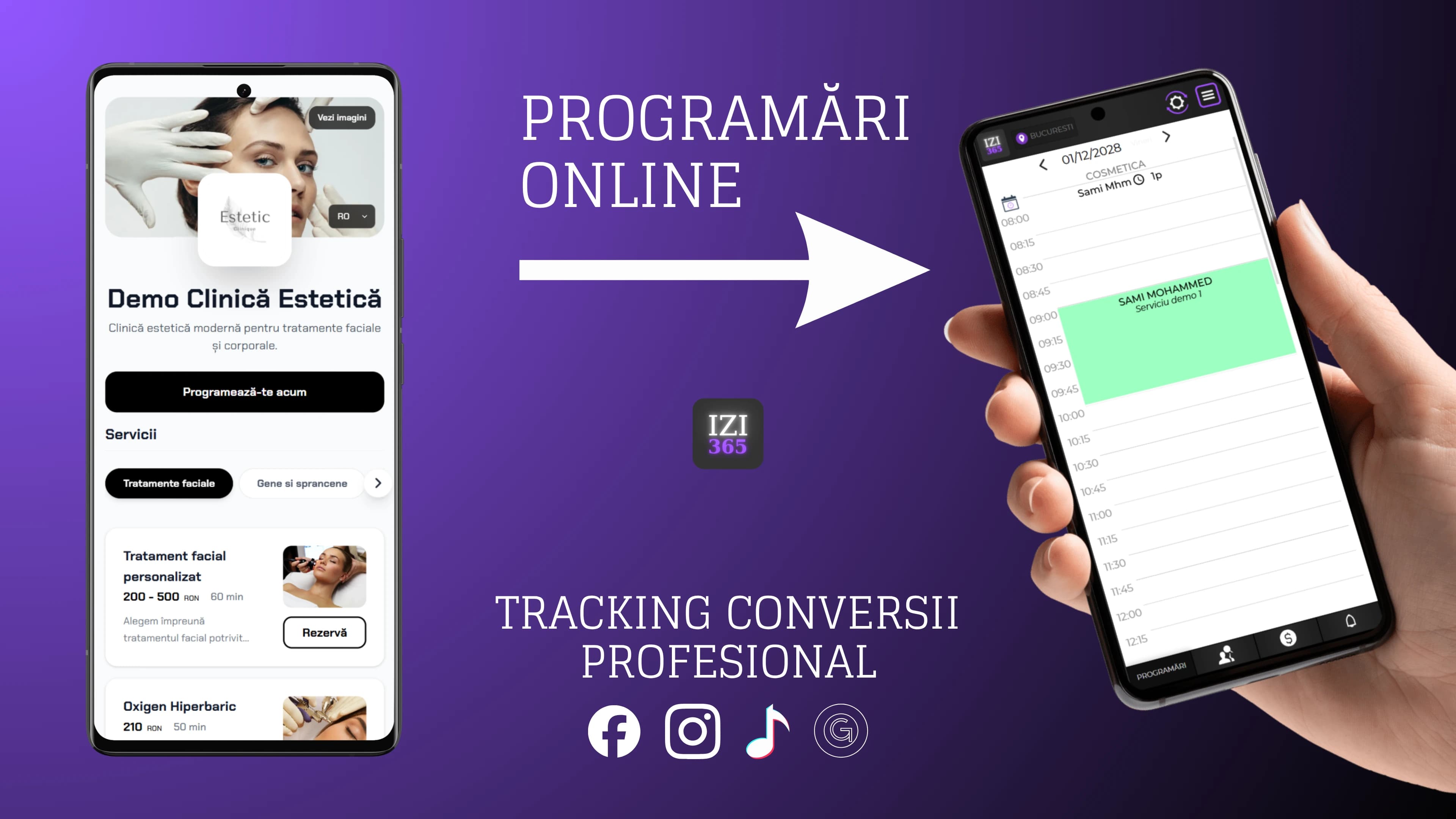 Interfața IZI365 — programări clinică și integrare reclame