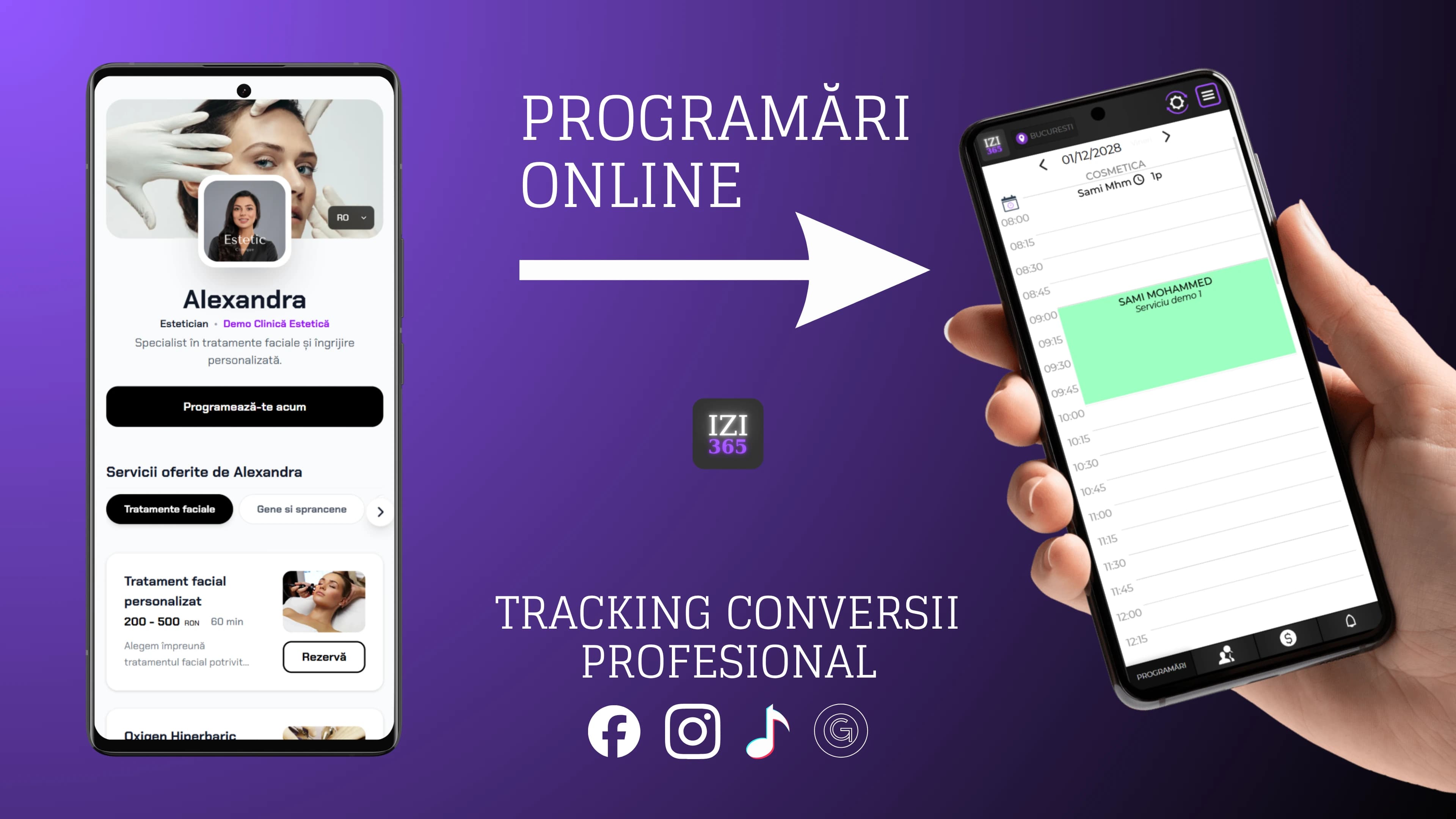 Interfața IZI365 — programări și integrare reclame