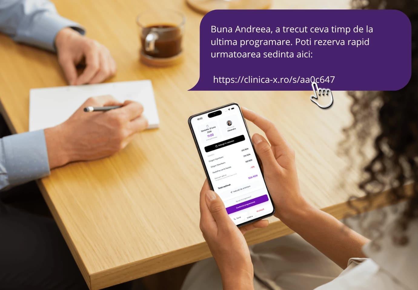 Invitație de revenire prin SMS cu link scurt și confirmare programare — IZI365