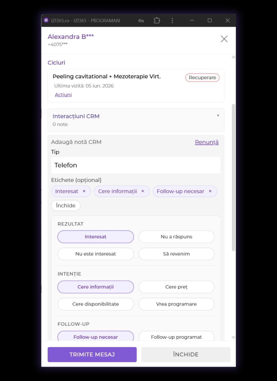 Notă CRM după apel — rezultat, intenție și follow-up pentru revenire clienți