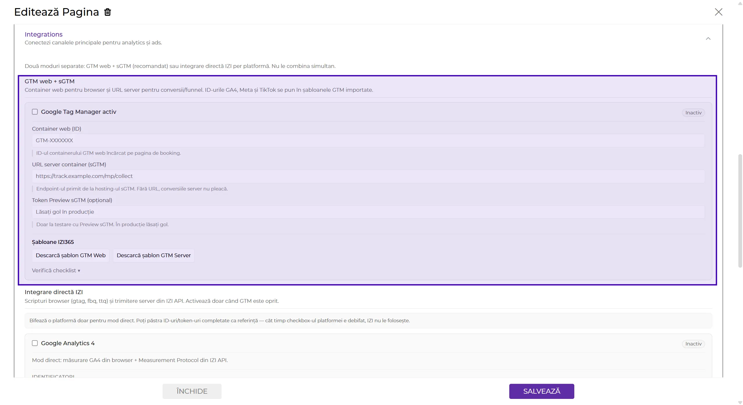 Integrare GTM Web și Server GTM în IZI365