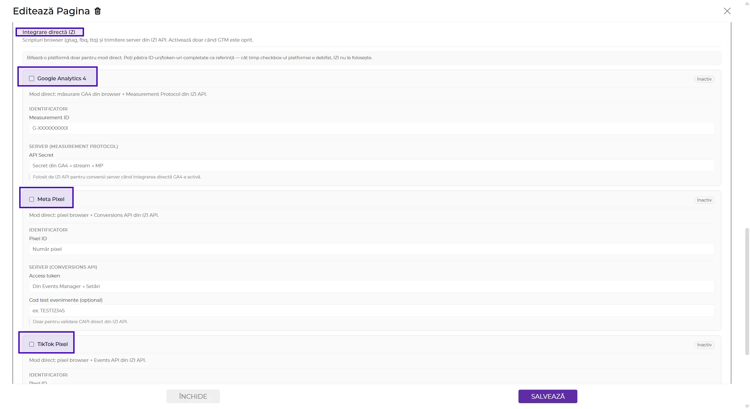 Integrări directe tracking IZI365 — Meta, GA4, TikTok