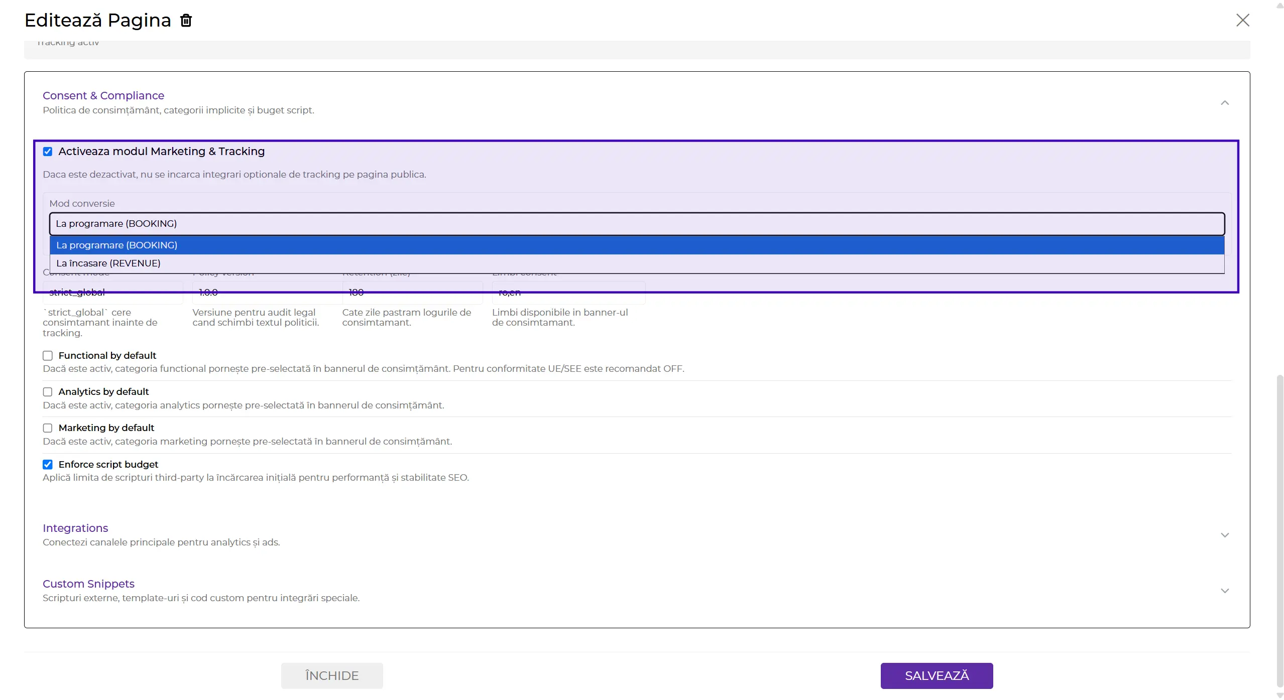 Selectare mod tracking Booking sau Revenue în IZI365