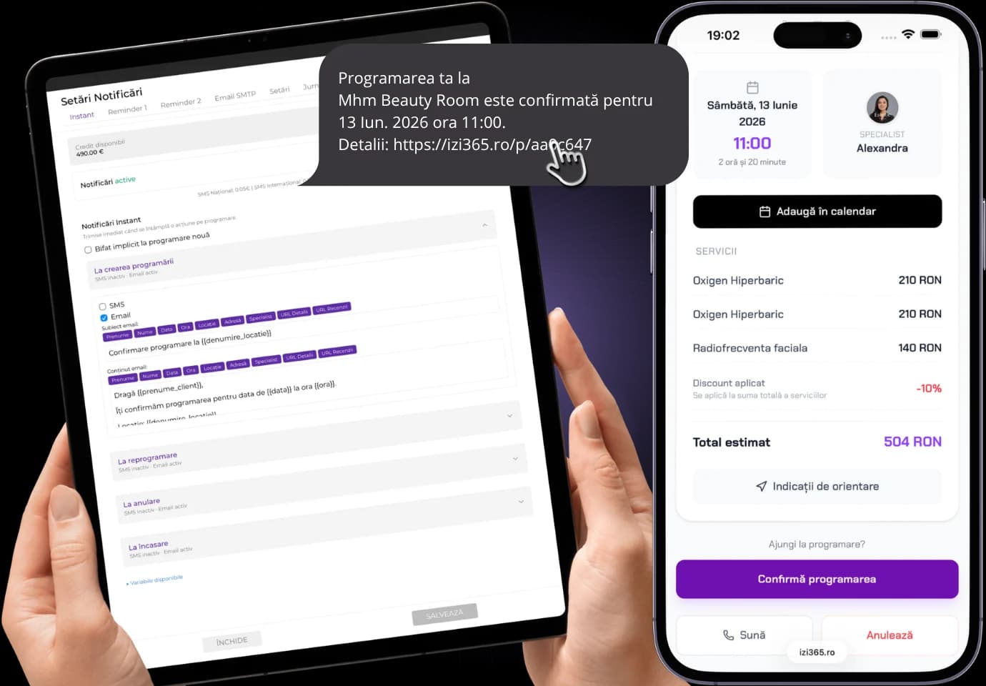 Mesaje SMS și email automate cu link detaliat