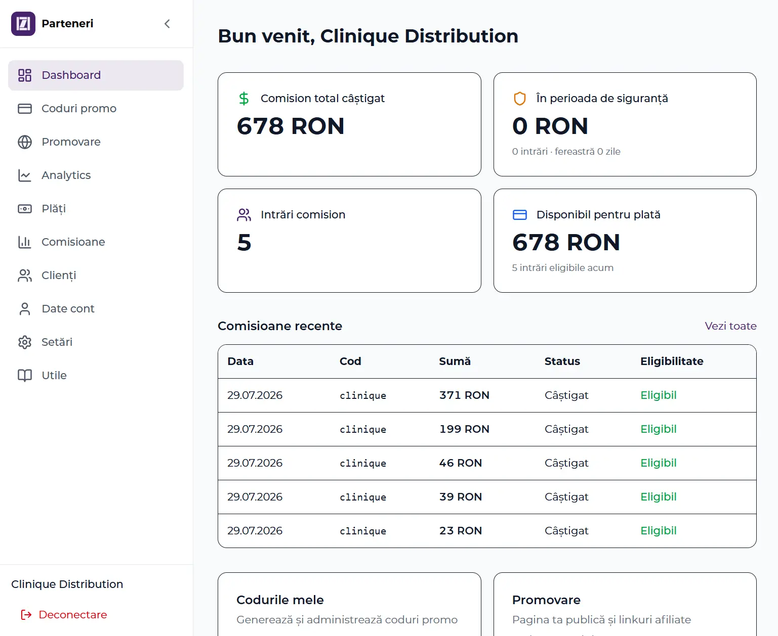 Exemplu dashboard partener IZI365