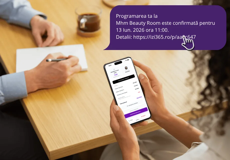 Confirmare programare prin SMS — mesaj automat IZI365 cu link detaliat